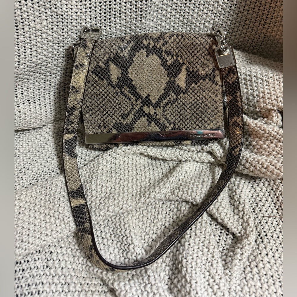 Michael Kors Julian Snake Print Leather Dark Sand Shoulder Flap